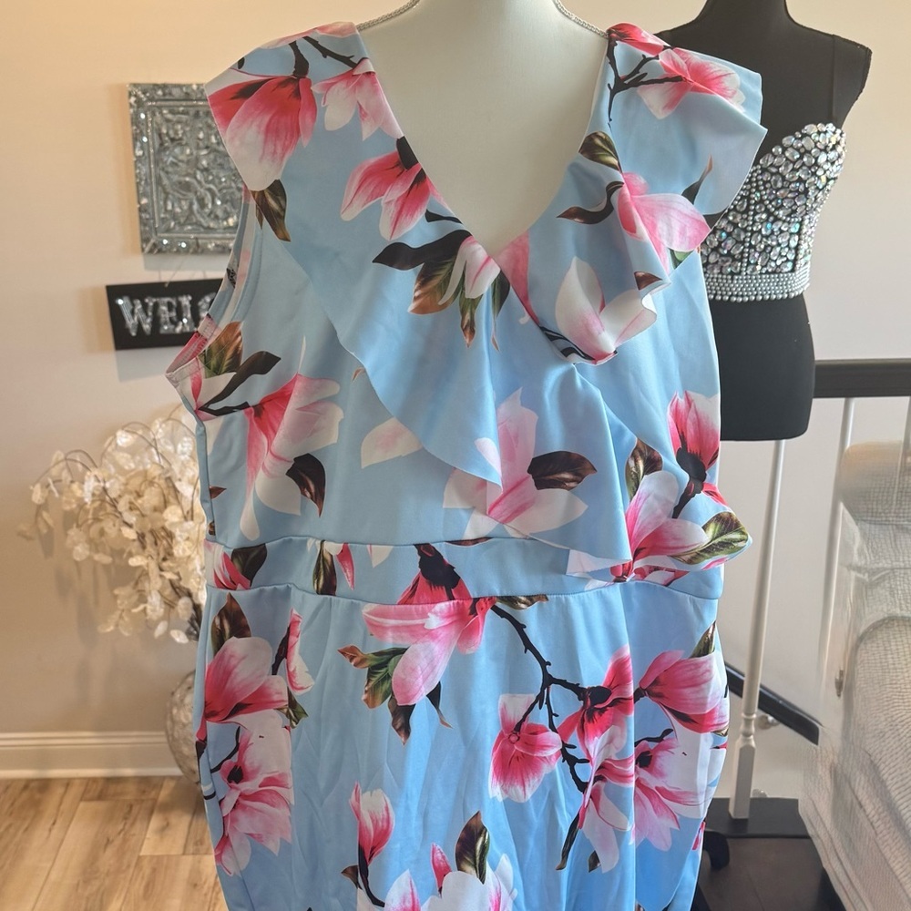 Floral Sleeveless Dress - Blue and Pink
